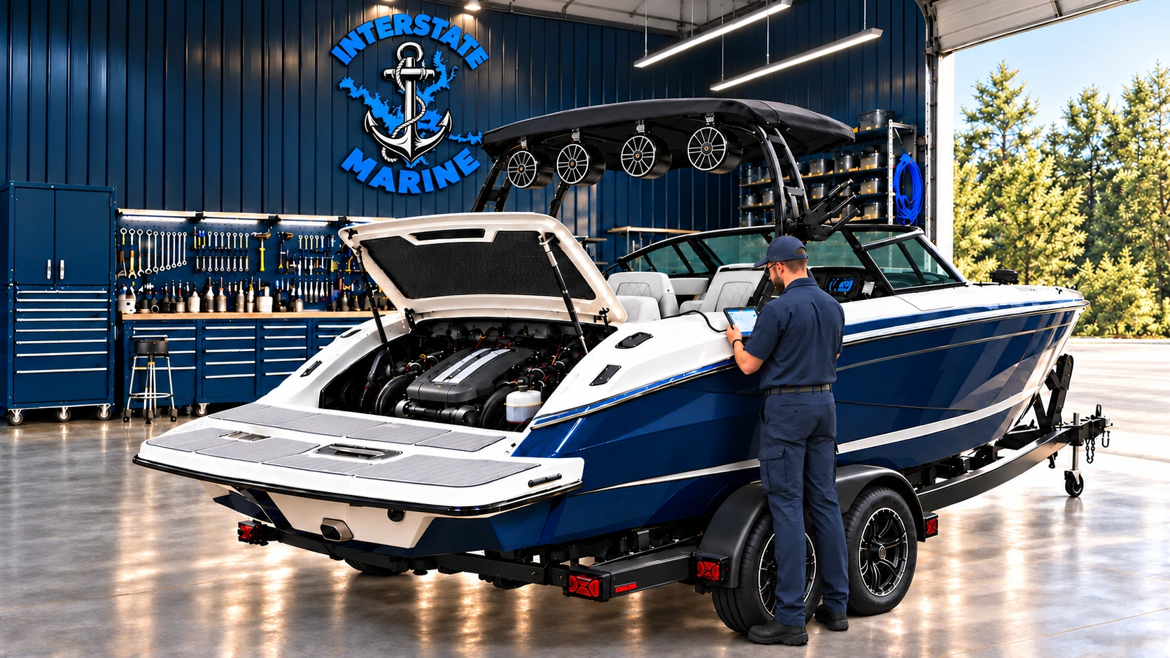 Technician checking an inboard boat engine at Interstate Marine