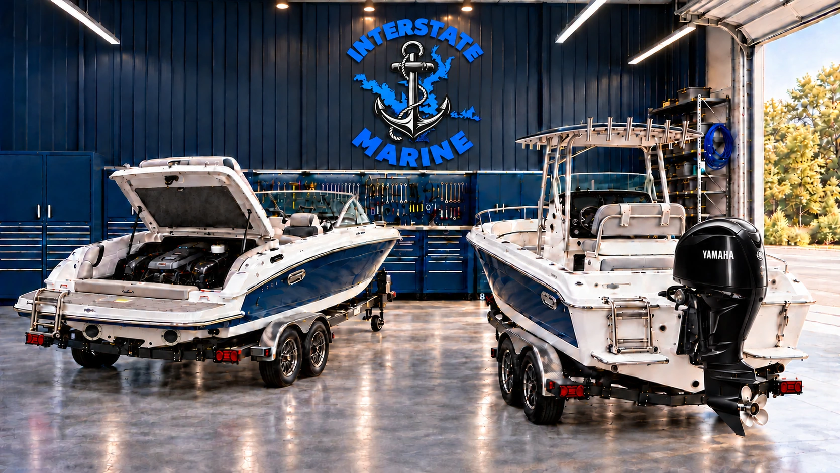 Two boats on trailers inside the Interstate Marine shop